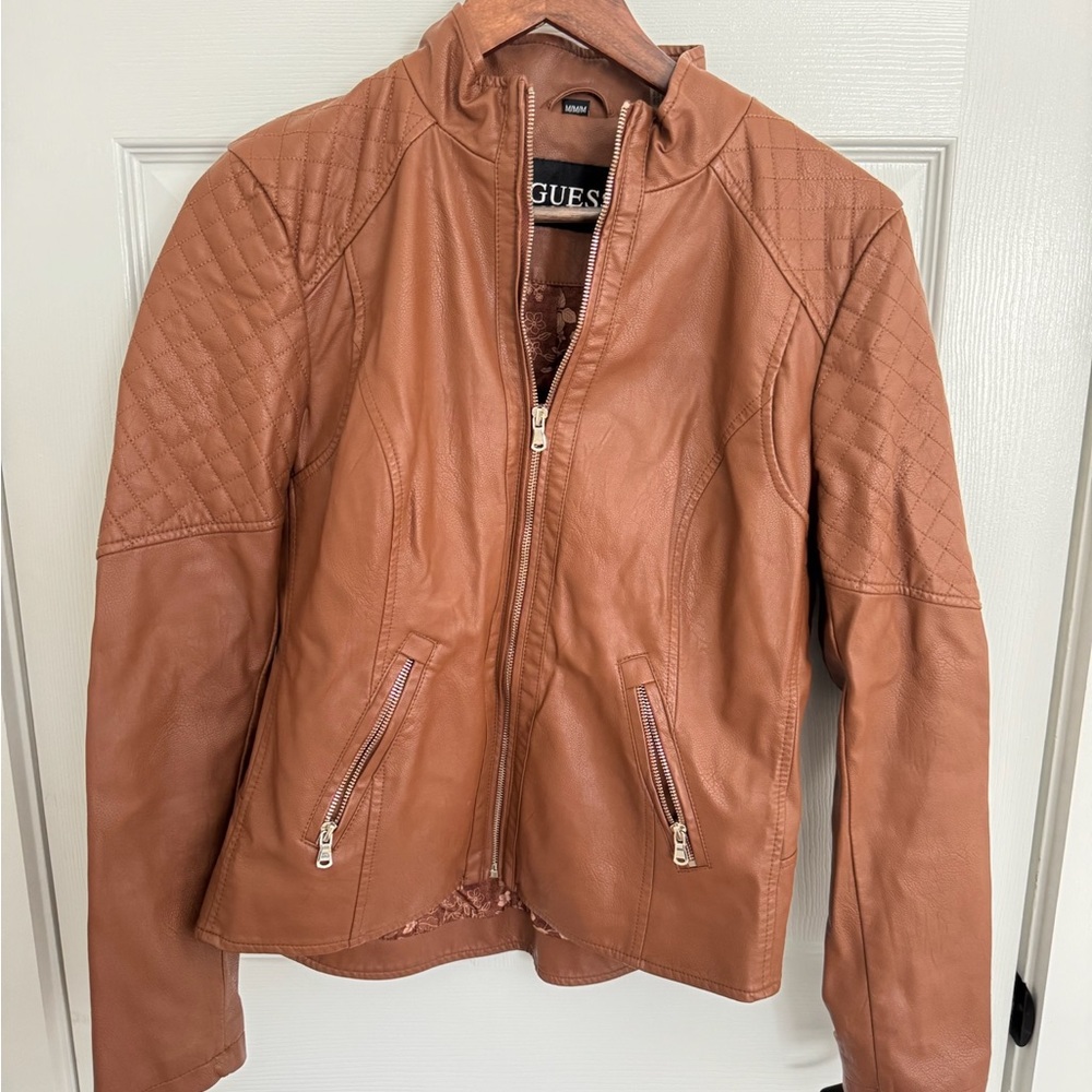 Guess Tan Leather Jacket with Quilted Shoulders